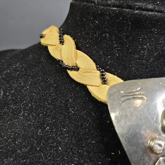 Navajo Turquoise Sterling Silver Bolo Tie With Beaded Leather Native American US - Picture 8 of 15